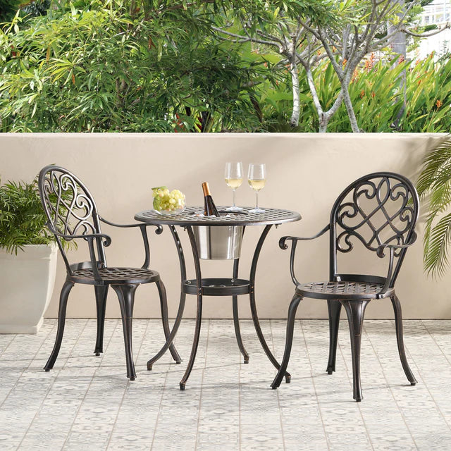 Outdoor Patio, 3 Piece Cast Aluminum Bistro Set with Built-In Ice Bucket