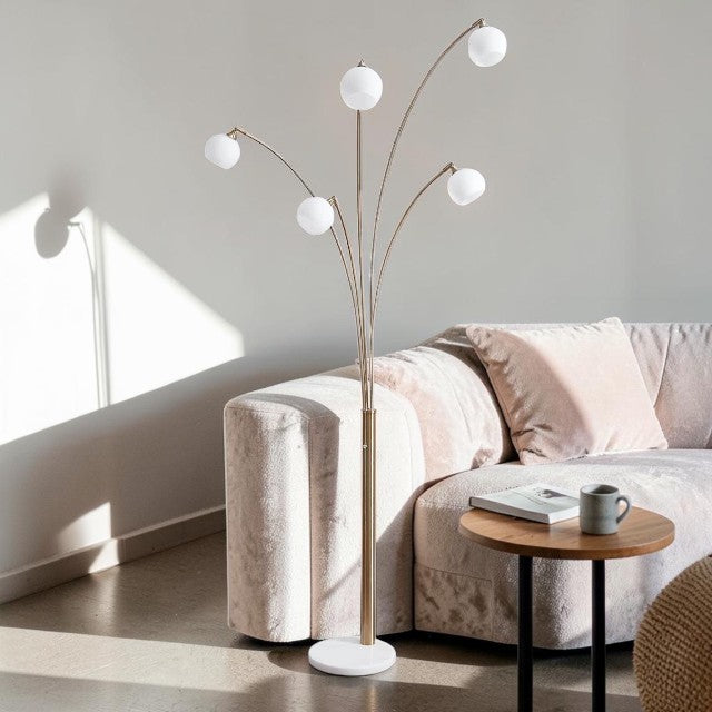 Modern 5 Light, Arc Floor Lamp with Glass Globes and Marble Base