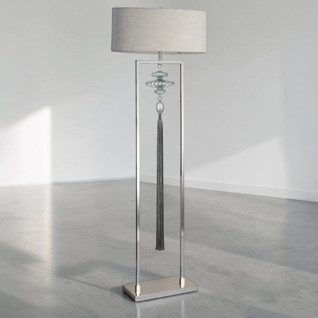 Modern Floor Lamp with Metal Frame, Glass Accent and Fabric Shade