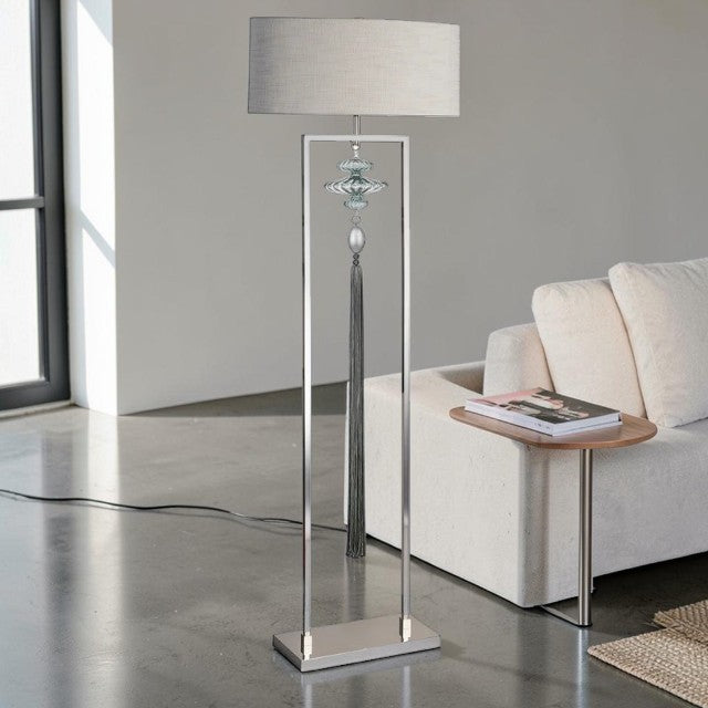 Modern Floor Lamp with Metal Frame, Glass Accent and Fabric Shade