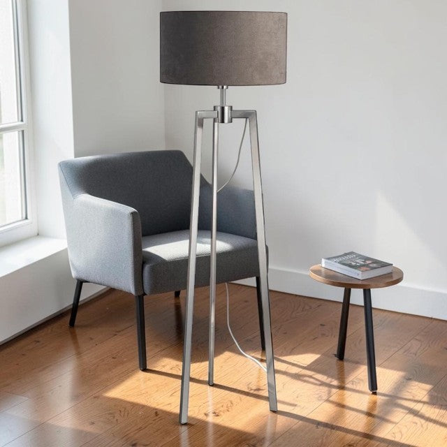 Tripod Floor Lamp with Drum Shade and Polished Metal Finish