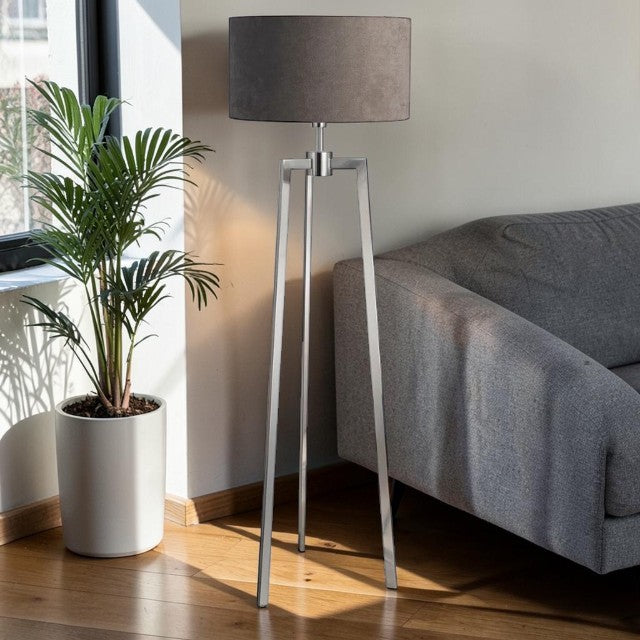 Tripod Floor Lamp with Drum Shade and Polished Metal Finish