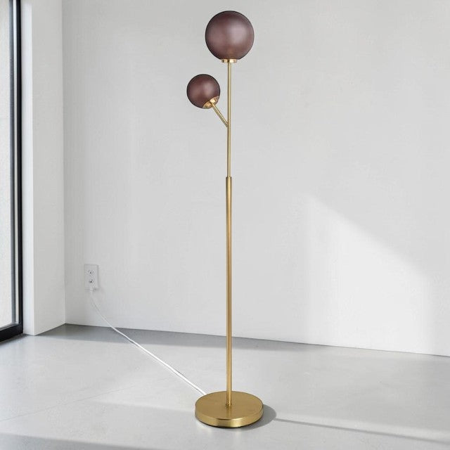 Modern Floor Lamp with Dual Frosted Glass Globes and Brass Finish