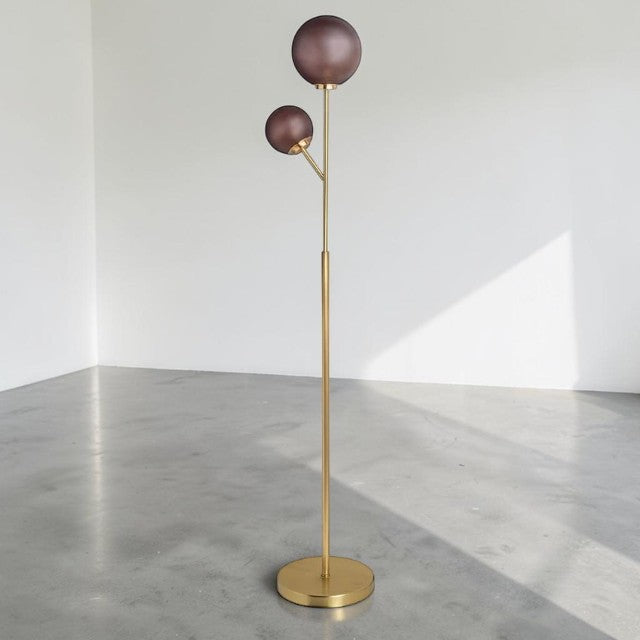 Modern Floor Lamp with Dual Frosted Glass Globes and Brass Finish