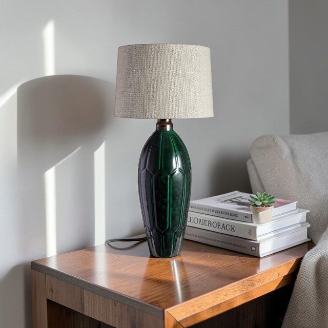 Green Ceramic, Table Lamp with Textured Base and Drum Shade