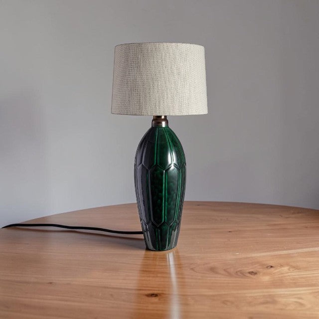 Green Ceramic, Table Lamp with Textured Base and Drum Shade