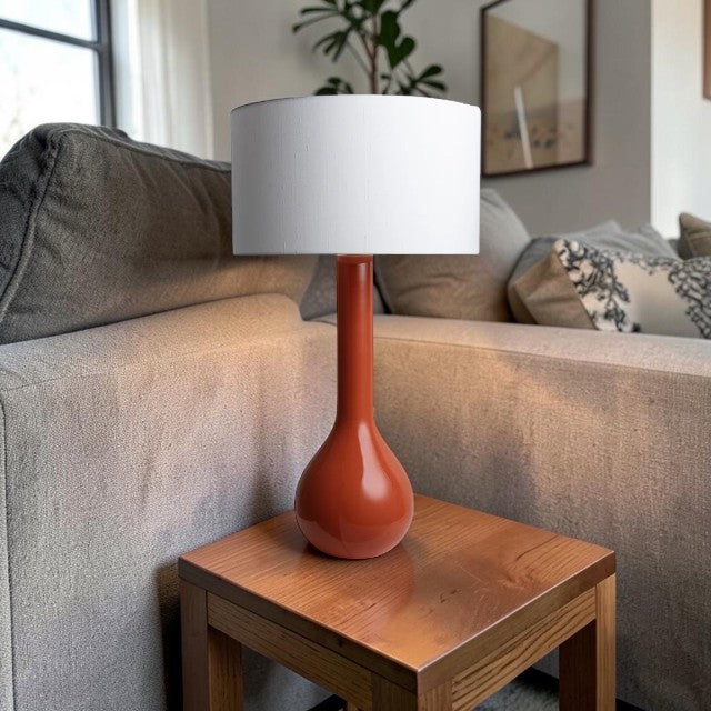 Red Ceramic, Table Lamp with Ivory Drum Shade