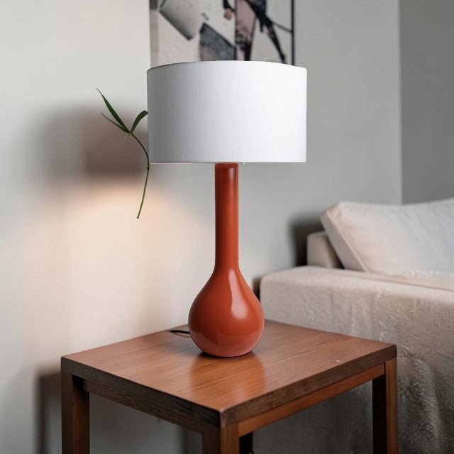 Red Ceramic, Table Lamp with Ivory Drum Shade