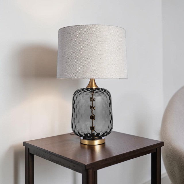 Textured Glass, Table Lamp with Gray Base and Fabric Drum Shade