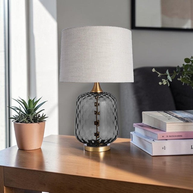 Textured Glass, Table Lamp with Gray Base and Fabric Drum Shade