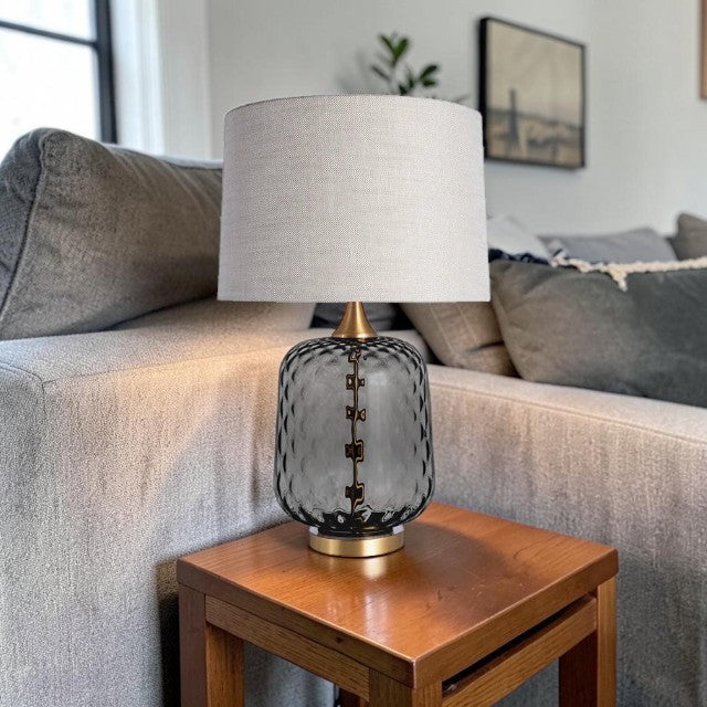 Textured Glass, Table Lamp with Gray Base and Fabric Drum Shade