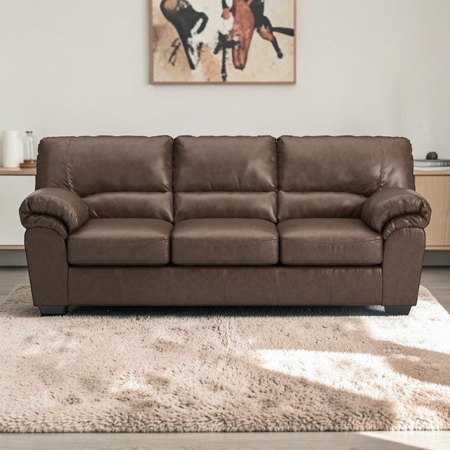 Brown Faux Leather, Sofa with Cushioned Back and Wide Arms