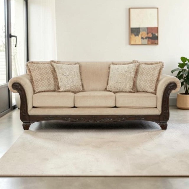 Traditional Beige Fabric, Sofa with Rolled Arms and Accent Pillows