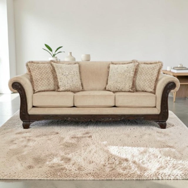 Traditional Beige Fabric, Sofa with Rolled Arms and Accent Pillows