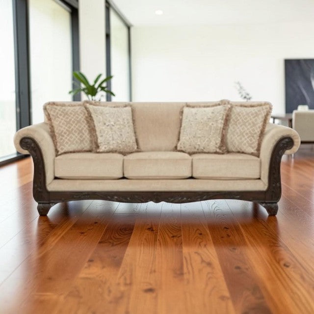 Traditional Beige Fabric, Sofa with Rolled Arms and Accent Pillows