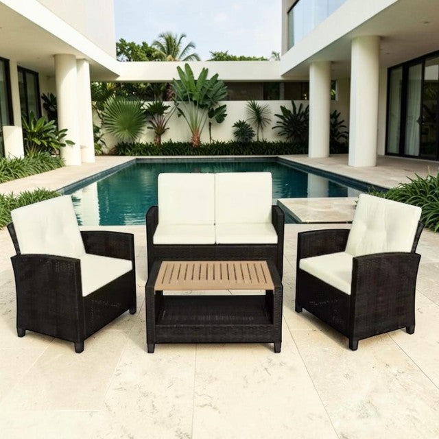 Outdoor Patio, 4 Piece Wicker Seating Set with Cushions and Coffee Table
