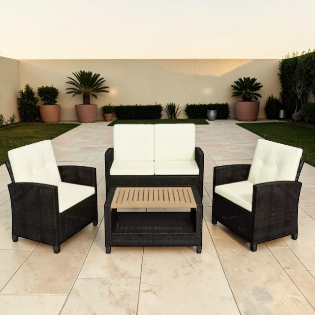 Outdoor Patio, 4 Piece Wicker Seating Set with Cushions and Coffee Table