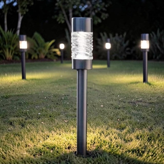 Outdoor Lights, Solar Stainless Steel Pathway Stake Lights with Glass Lens, Set of 3