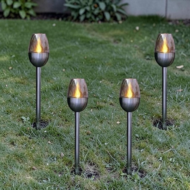 Outdoor Lights, Solar Flame Torch Stake Lights with Stainless Steel Finish, Set of 4