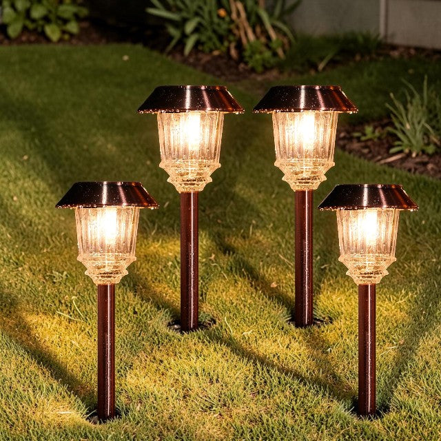 Outdoor Lights, Solar Bronze Pathway Stake Lights with Glass Shade, Set of 4