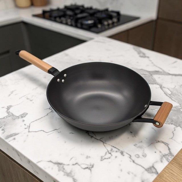 Kitchen Lightweight, Cast Iron Wok with Glass Lid, 12.6 Inch