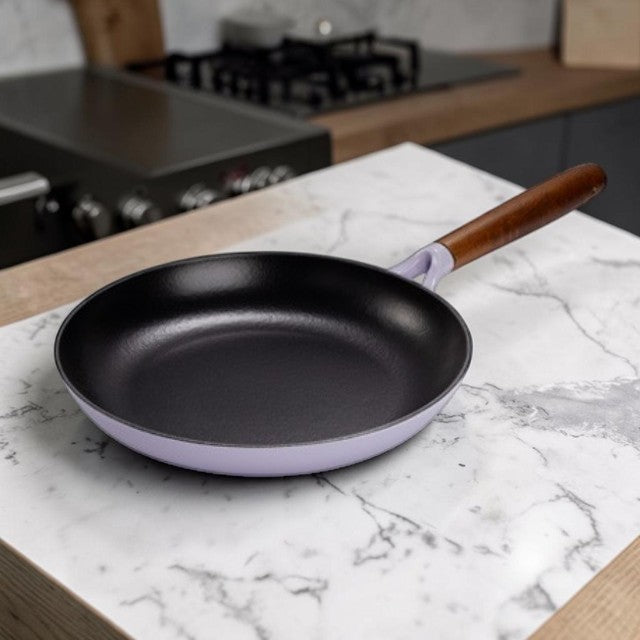 Kitchen Lightweight, Cast Iron Fry Pan with Enameled Finish and Wooden Handle, 11 Inch