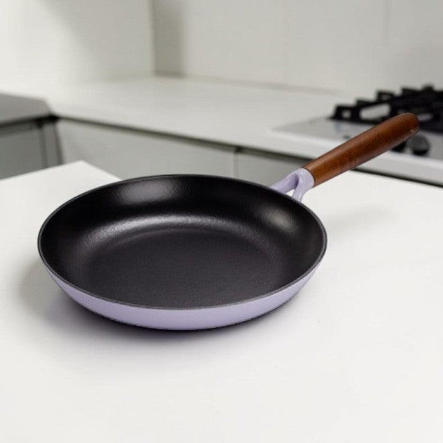 Kitchen Lightweight, Cast Iron Fry Pan with Enameled Finish and Wooden Handle, 11 Inch