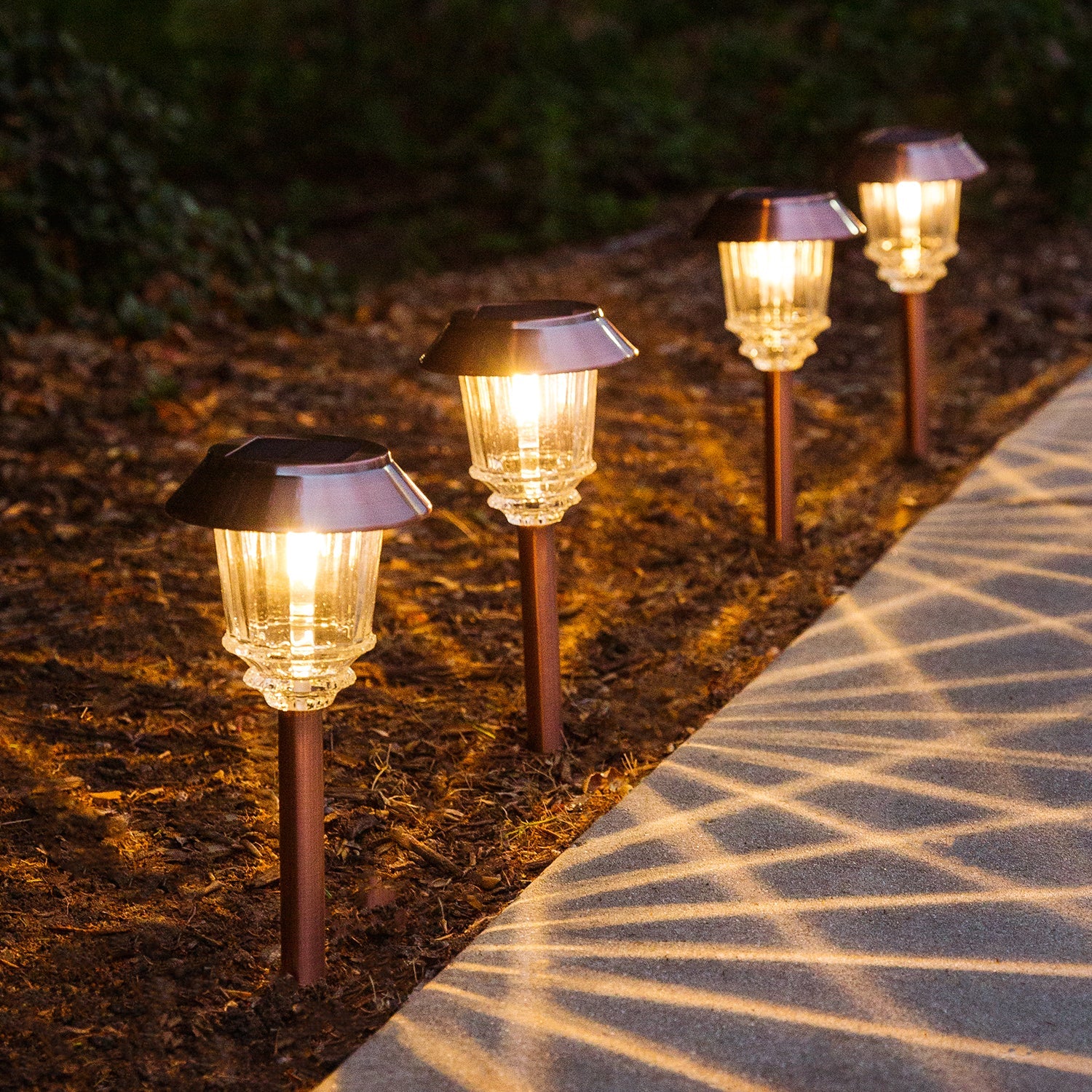Outdoor Lights, Solar Bronze Pathway Stake Lights with Glass Shade, Set of 4