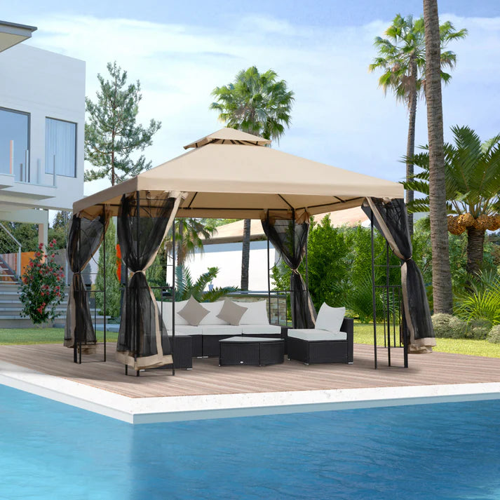 Outdoor Gazebo with Mesh Netting and Double-Tier Roof, 10 ft x 10 ft