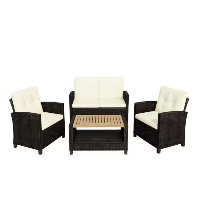 Outdoor Patio, 4 Piece Wicker Seating Set with Cushions and Coffee Table
