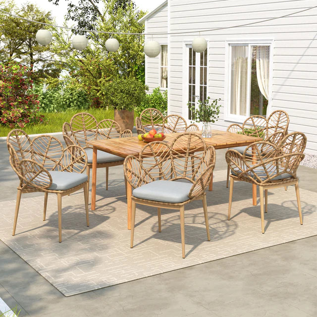 Outdoor Patio, 7 Piece Dining Set with Wicker Chairs and Wood Table