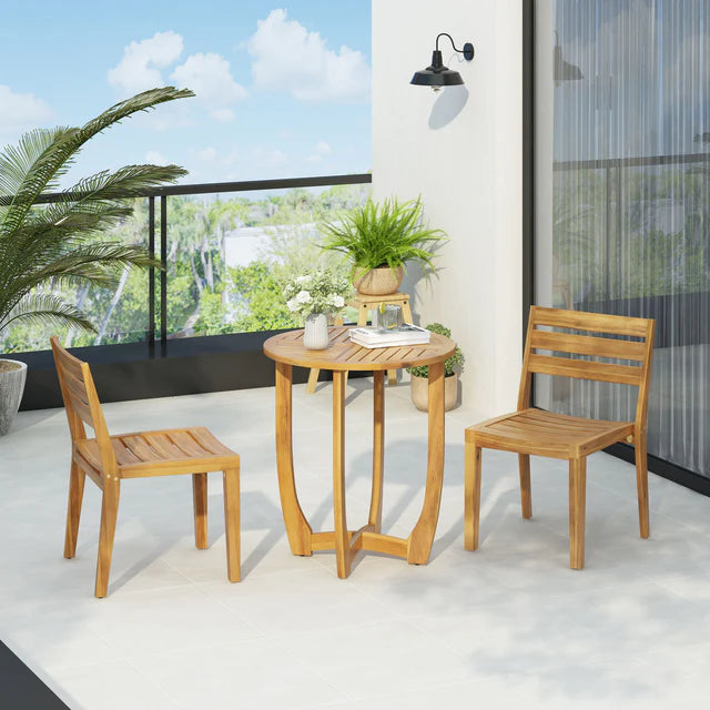 Outdoor Patio, 3 Piece Wood Bistro Set with Round Table and Chairs