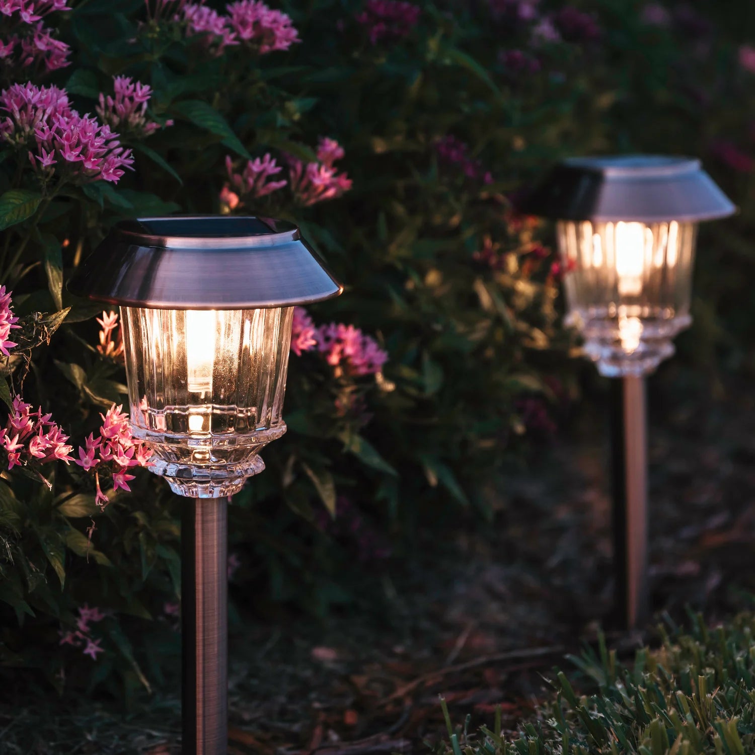 Outdoor Lights, Solar Bronze Pathway Stake Lights with Glass Shade, Set of 4