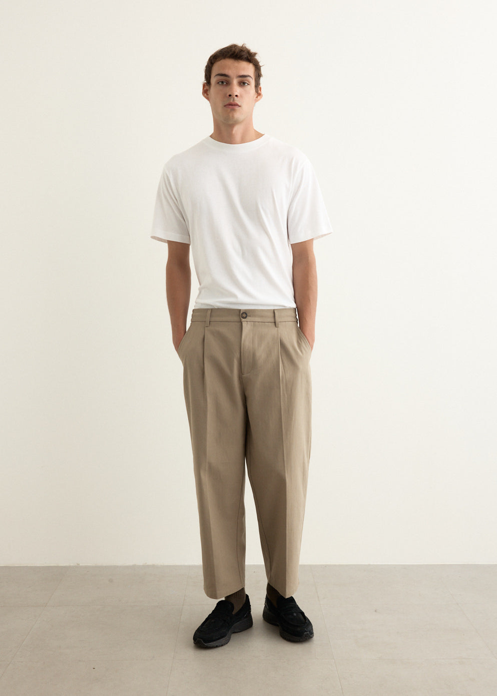 Tapered Herringbone Twill Pants with Mid-Rise Waist and Elasticated Back, Cropped Length
