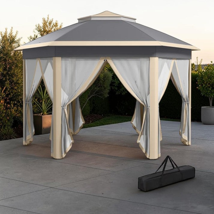 Hexagon Pop-Up Gazebo with Mesh Curtains and Carry Bag, 13 ft x 11 ft