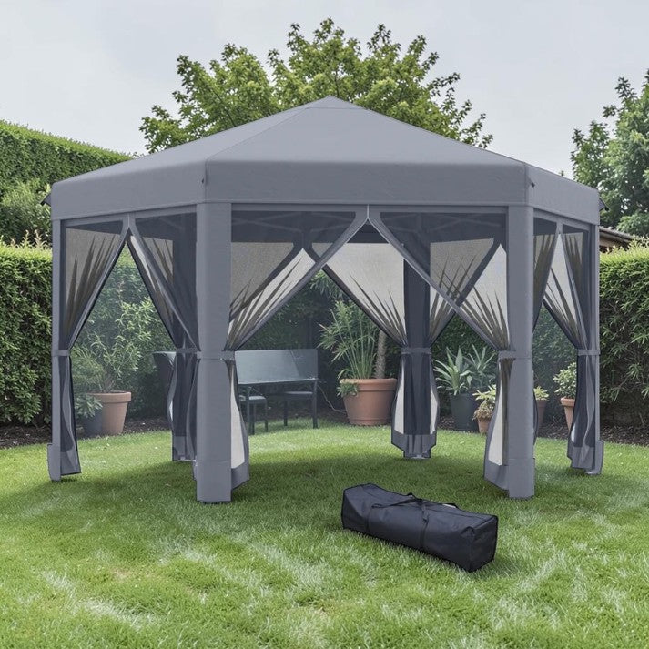 Hexagon Pop-Up Gazebo with Mesh Sidewalls and Carry Bag, 10.5 ft