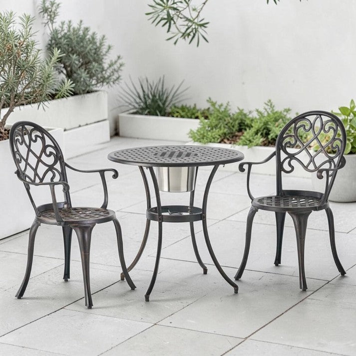 Outdoor Patio, 3 Piece Cast Aluminum Bistro Set with Built-In Ice Bucket