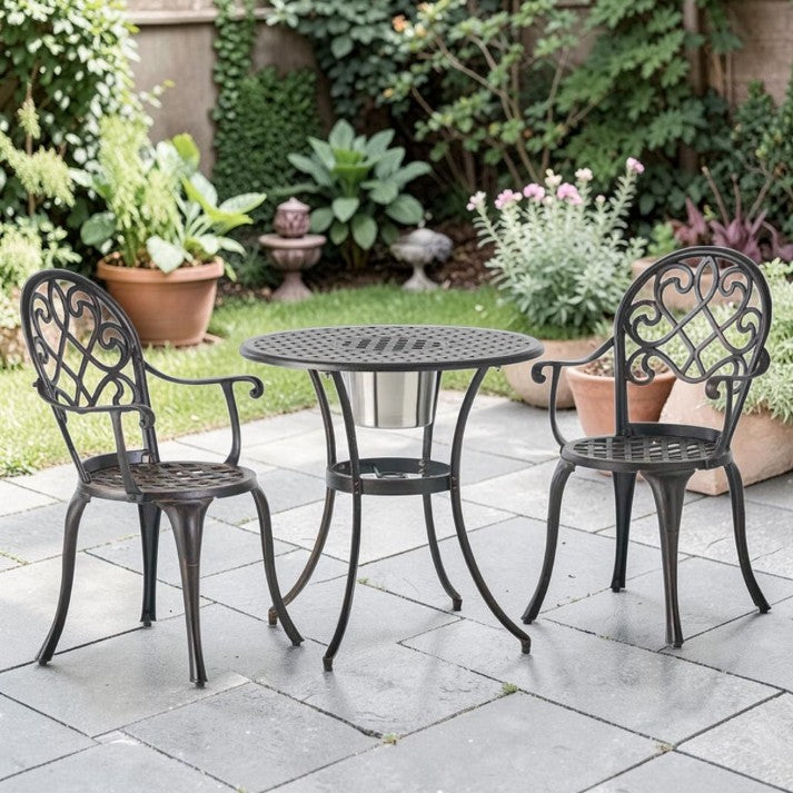 Outdoor Patio, 3 Piece Cast Aluminum Bistro Set with Built-In Ice Bucket