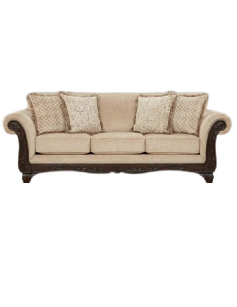 Traditional Beige Fabric, Sofa with Rolled Arms and Accent Pillows