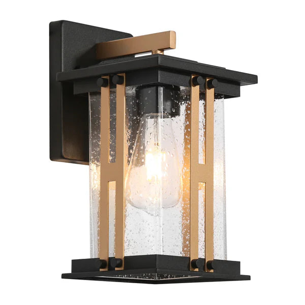 Outdoor Lights, Black and Gold Wall Lantern with Clear Glass Shade