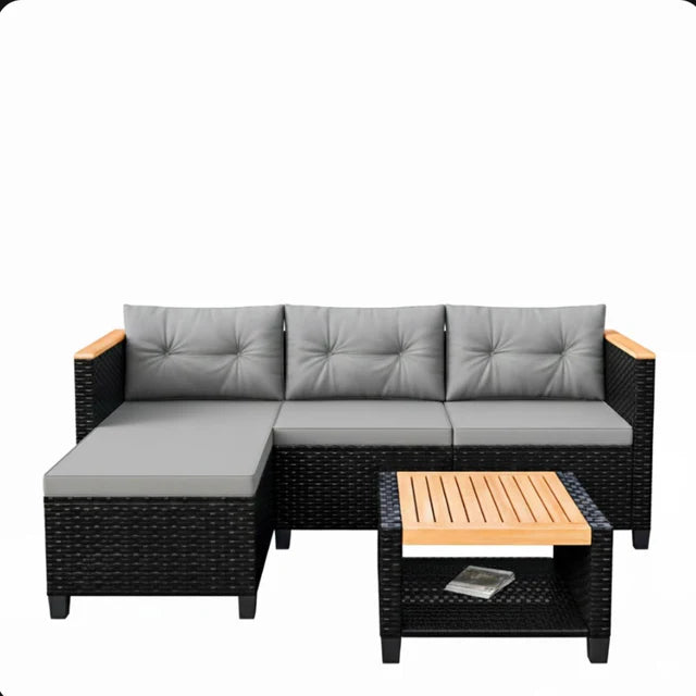Outdoor Patio, L Shaped Rattan Seating Set with Cushions and Storage Table