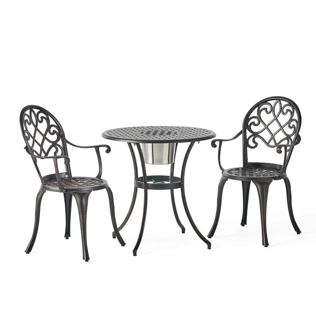 Outdoor Patio, 3 Piece Cast Aluminum Bistro Set with Built-In Ice Bucket