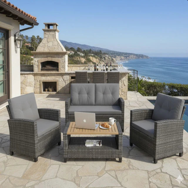 Outdoor Patio, 4 Piece Wicker Seating Set with Cushions and Coffee Table