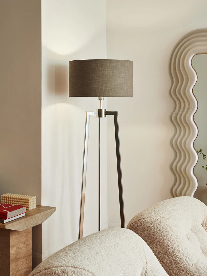 Tripod Floor Lamp with Drum Shade and Polished Metal Finish