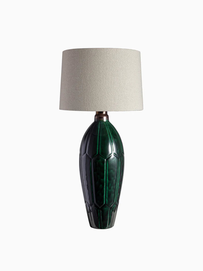 Green Ceramic, Table Lamp with Textured Base and Drum Shade