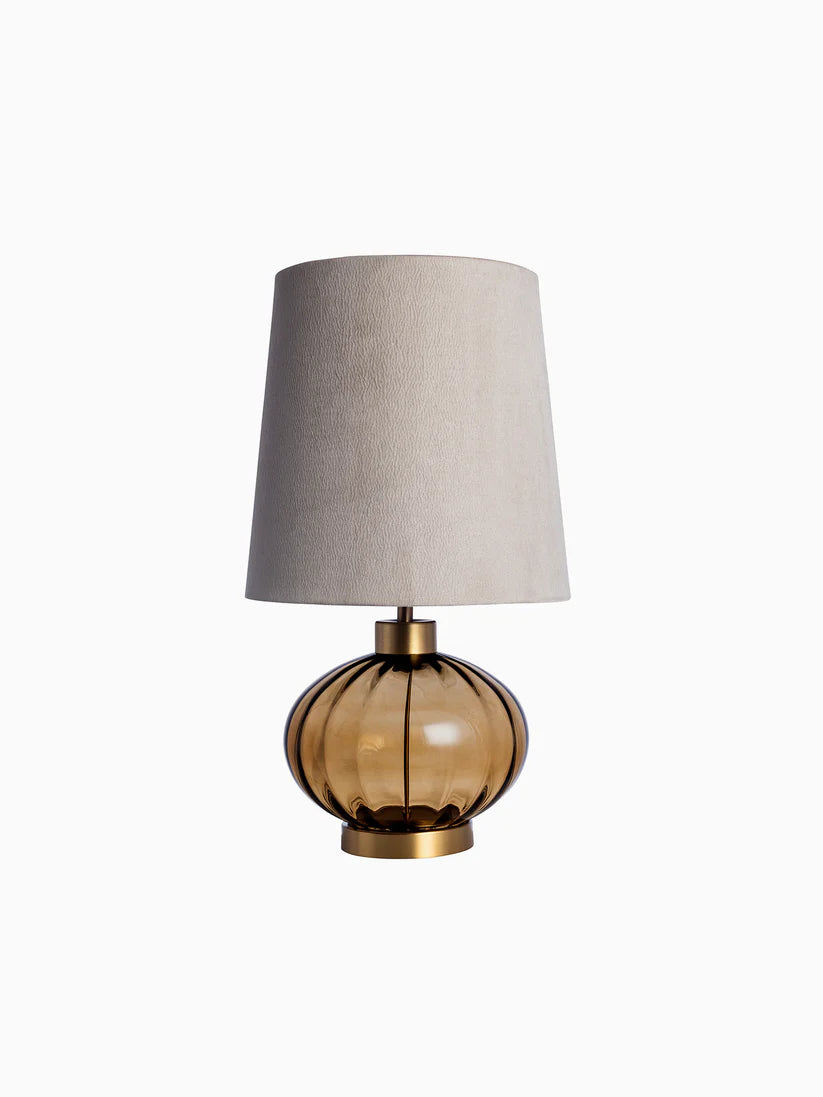 Fluted Glass, Table Lamp with Antique Brass Base and Fabric Shade