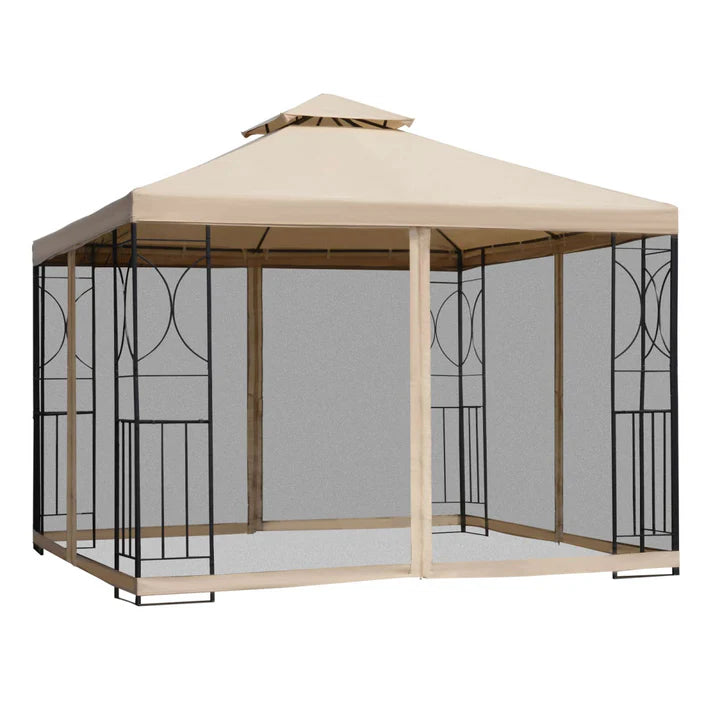 Outdoor Gazebo with Mesh Netting and Double-Tier Roof, 10 ft x 10 ft