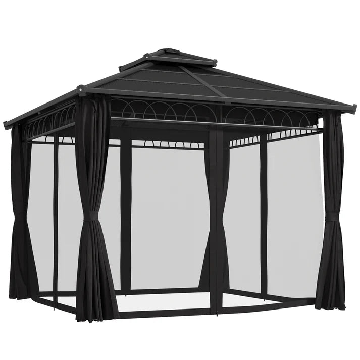 Hardtop Gazebo with Polycarbonate Roof and Curtains, 10 ft x 10 ft