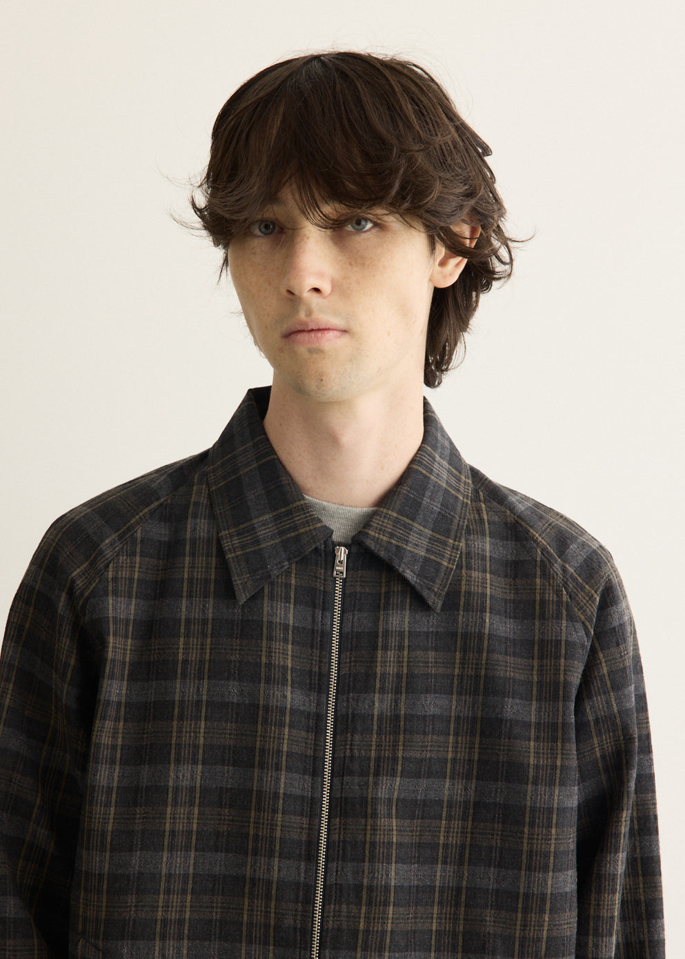 Charcoal Gray Checked Wool Blend Blouson with Raglan Sleeves and Two-Way Zipper