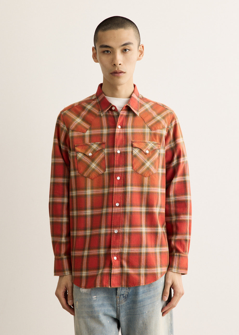 Relaxed Fit Flannel Shirt with Western Yoke and Button Front, Long Sleeves